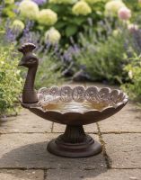 Digital Illustration of Peacock Pedestal Bird Bath & Feeder on a Sunny Garden Patio
