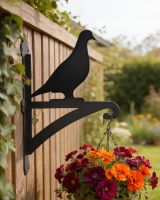 Digital illustration of Pigeon Hanging Iron Basket Bracket mounted on a fence