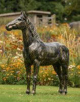 Digital illustration of Recycled Cast Aluminium Brushed Gold "Goldado" Horse Sculpture in garden
