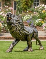 Digital Illustration of Recycled Metal Roaring Lion Sculpture on a Garden Lawn