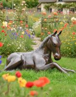 Digital illustration of Resting Foal Garden Horse Sculpture in flowery garden