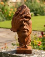 Digital illustration of Rustic Cast Iron Abstract "Thinker" Sculpture front view in a garden