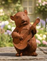 Digital illustration of Rustic Cast Iron Chipmunk Playing Guitar Sculpture in a garden