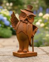 Digital illustration of Rustic Cast Iron Gentleman Owl Sculpture in a garden