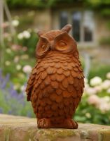 Digital illustration of Rustic Cast Iron Owl Sculpture in garden