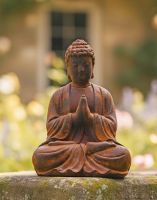 Digital illustration of Rustic Cast Iron Praying Buddha Sculpture close up view