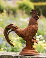 Digital illustration of Rustic Cast Iron Proud Rooster Sculpture on wall close up view