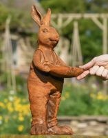 Digital illustration of Rustic Cast Iron Rabbit Holding Bowl Sculpture & Bird Bath with hand in shot for scale