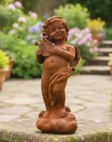 Digital illustration of Rustic Cast Iron Winged Cherub with Harp Sculpture in a garden