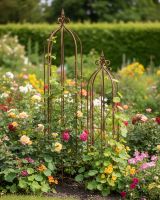 Digital illustration of ornate planters in rose garden flower border