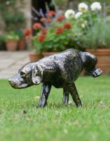 Digital Illustration of "Taking a Leak" Dog Sculpture on a Garden Lawn with Flowery Plant Pots