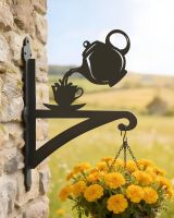 Digital illustration of Teapot & Cup Iron Hanging Basket Bracket mounted on a farm house