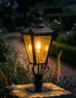 Digital Illustration of the 102cm Victorian Pillar Light and Lantern Set Mounted on a Stone Garden Pillar Whilst Lit up at Night