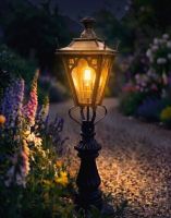 Digital Illustration of the 103cm Antique Brass Gothic Fluted Patio & Driveway Light Positioned on a Garden Gravel Entranceway Lit up at Night