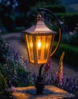 Digital Illustration of the 106cm Copper Swan Neck Pillar & Lantern Mounted on a Stone Garden Wall Pillar and Lit up at Night Digital Illustration of the 106cm Copper Swan Neck Pillar & Lantern Mounted on a Stone Garden Wall Pillar and Lit up at Night
