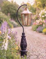 Digital Illustration of the 112cm Copper “Lincoln” Swan Neck Lantern & Lamp Post Positioned on a Flowery Gravel Driveway Entrance