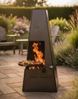 Digital Illustration of the 120cm Chimenea With Swing Arm Grill Shown in a Sunny Lavendar Garden on a Patio