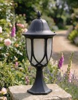 Digital Illustration of the "Celene" Black Frosted Glass Pillar Light Mounted on a Stone Garden Pillar Digital Illustration of the "Celene" Black Frosted Glass Pillar Light Mounted on a Stone Garden Pillar