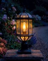 Digital Illustration of the "Chichester" Traditional Pillar Light Mounted on a Stone Garden Pillar Viewed Face on and Lit up at Night