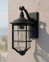 Digital Illustration of the "Marine" Nautical Hanging Wall Light Lit up Mounted on a Sunny White Coloured Garden Wall