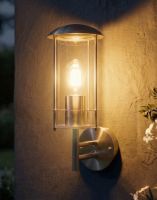 Digital Illustration of the "Pello" Contemporary Stainless Steel Wall Lantern Lit up at Night