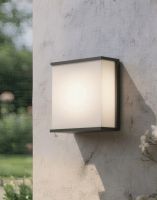 Digital Illustration of the 25cm Modern "Square Top" Flush Wall Light Fitting Mounted on an Outside Wall in a Garden