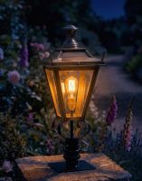 Digital Illustration of the 61cm Antique Brass Dorchester Lantern Mounted on a Stone Garden Pillar Viewed From an Angle and Lit up at Night
