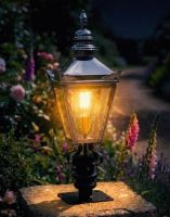 Digital Illustration of the 64cm Bright Chrome Harrogate Pillar Light and Lantern Set Mounted on a Stone Garden Pillar Lit up at Night