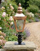 Digital Illustration of the 64cm Copper Harrogate Pillar Light and Lantern Set Mounted on a Garden Pillar from a Front Facing View Digital Illustration of the 64cm Copper Harrogate Pillar Light and Lantern Set Mounted on a Garden Pillar from a Front Facing View