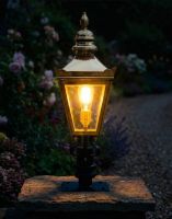 Digital Illustration of the 64cm Polished Brass Harrogate Pillar Light and Lantern Set from a Face on View Lit up at Night
