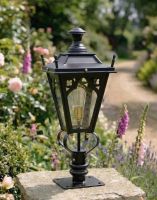 Digital Illustration of the 71cm Black Gothic Pillar Light and Lantern Set Mounted on a Garden Pillar from an Angled View 