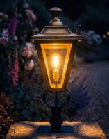 Digital Illustration of the 71cm Brass Dorchester Pillar Light and Lantern Set Mounted on a Stone Garden Wall Pillar Viewed Face on and Lit up at Night