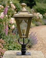 Digital Illustration of the 71cm Brass Gothic Pillar Light and Lantern Set Mounted on a Stone Garden Pillar from a Front Facing View