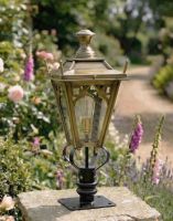 Digital Illustration of the 71cm Brass Gothic Pillar Light and Lantern Set Mounted on a Stone Garden Pillar from an Angled View