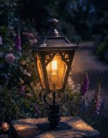 Digital Illustration of the 71cm Brass Gothic Pillar Light and Lantern Set Mounted on a Stone Garden Pillar from an Angled View Lit up at Night