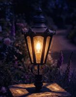 Digital Illustration of the 76cm Black Hexagonal Pillar Light and Lantern Set Mounted on a Stone Pillar in a Garden Lit up at Night
