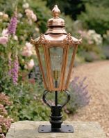 Digital Illustration of the 76cm Copper Hexagonal Pillar Light and Lantern Set Mounted on a Stone Garden Pillar Viewed Face on