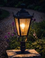 Digital Illustration of the 81cm Black Dorchester Pillar Light and Lantern Set Mounted on a Garden Wall Pillar Whilst Lit up at Night