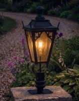 Digital Illustration of the 81cm Black Gothic Pillar Light and Lantern Set Mounted on a Stone Garden Wall Pillar Whilst Lit up at Night