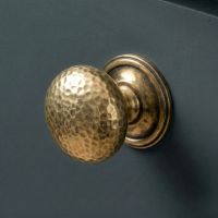 Digital Illustration of the Aged Brass Hammered Mushroom Cabinet Knob Mounted on a Blue Cupboard Door