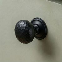 Digital Illustration of the Aged Copper Hammered Mushroom Cabinet Knob Mounted on a Green Cupboard Door