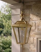 Digital Illustration of the Antique Brass Dorchester Garden Hanging Lantern Suspended Above a Decorative Porch