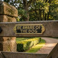 Digital illustration of the Be Aware of the Dog Gate Sign Mounted on a Wooden Gate on a Driveway