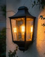 Digital Illustration of the Black "Brooksby" Traditional Flush Half Wall Lantern Lit up at Night