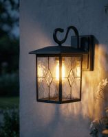 Digital Illustration of the Black "Searchlight" Outdoor Rectangular Top Fix Wall Lantern Lit up at Night