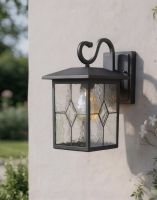 Digital Illustration of the Black "Searchlight" Outdoor Rectangular Top Fix Wall Lantern Mounted on a White Garden wall During the Day