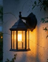 Digital Illustration of the Black 30cm x 17cm Version of the Traditional "Hexagonal" Victorian Top-Fix Wall Lantern Lit up at Night