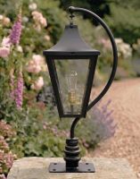 Digital Illustration of the Black 83cm "Lincoln" Swan Neck Pillar & Lantern Mounted on a Stone Garden Pillar Viewed Face on