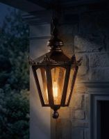 Digital Illustration of the Black Concordia Hexagonal Hanging Garden Lantern lit up at Night