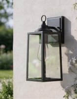 Digital Illustration of the Black Contemporary "Clearscape" Outdoor Rectangular Top Fix Wall Lantern Lit up at Night